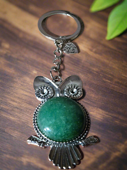 Key Chain: Owl Key Chain with a Natural Green Stone Cabochon and a Heart pendant that proudly says "Made with Love"