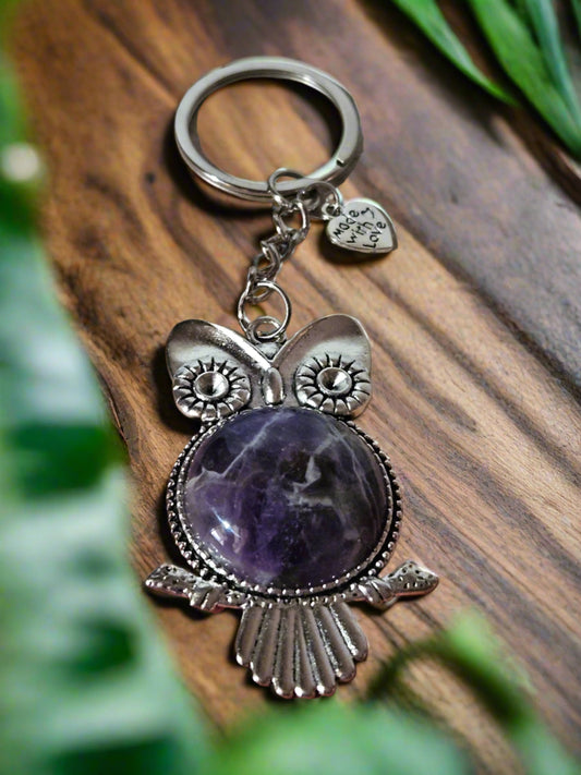 Key Chain: Owl Key Chain with a Natural Purple Stone Cabochon and a Heart pendant that proudly says "Made with Love"