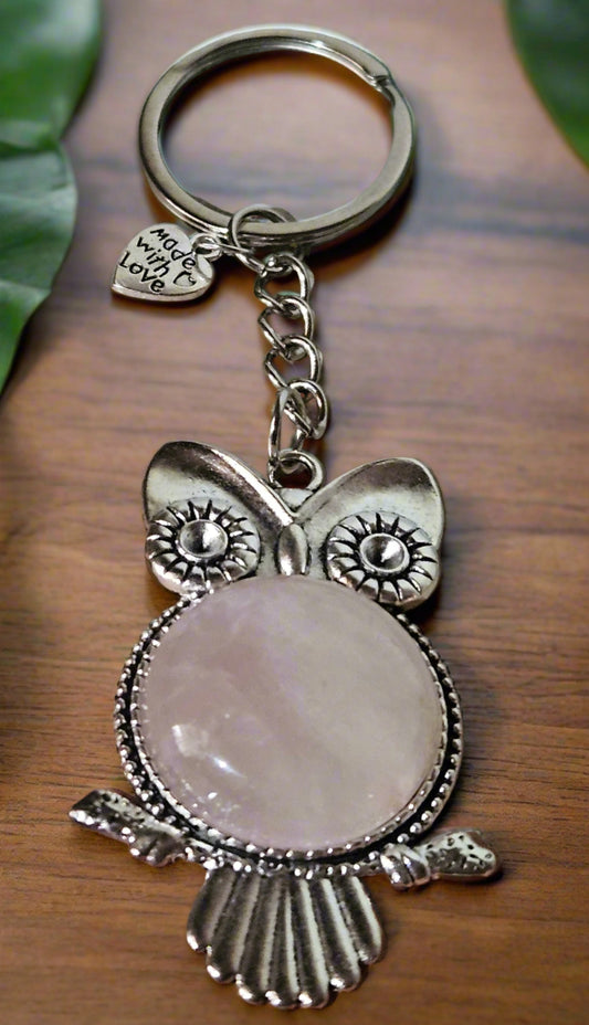 Key Chain: Owl Key Chain with a Natural Pink Stone Cabochon and a Heart pendant that proudly says "Made with Love"