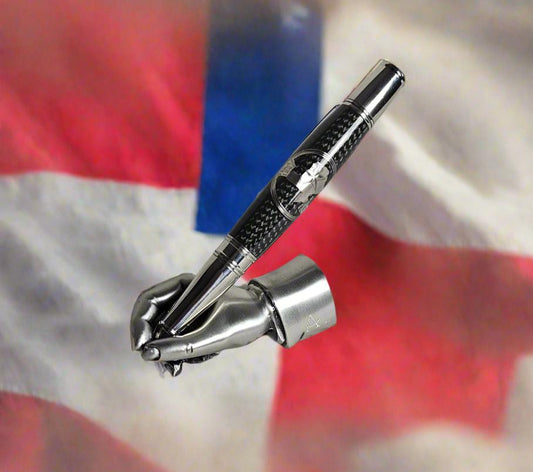 Pen: Texas Twist Black Carbon Fiber Sleeve Pen Proudly Displaying the Texas Star with a Chrome Pen Kit