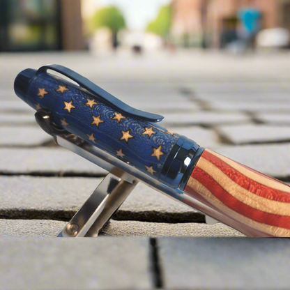 Handcrafted Patriotic American Flag Inlay Pen with Unique Royal Blue Titanium Kit (Cigar-Style)