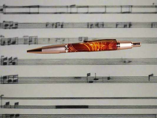 Pen: Red Gold Music Notes Label Cast Click Pen with a Copper Pen Kit