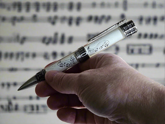 Pen: Antique Pewter Music Instrument Pen with a White Music Sheet Label Cast Body