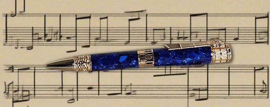 Pen: Gold Music Instrument Pen with a Crushed Blue Chip Resin Body