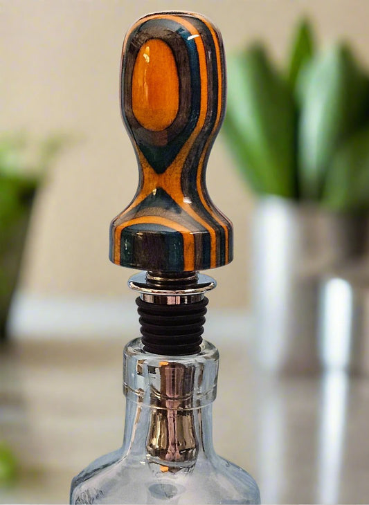 Bottle Stopper: Spectra Ply Dyed Wooden Birch Laminate "Aqua Fire" Cap with a Chrome Food-Safe Hidden Corkscrew Bottle Stopper