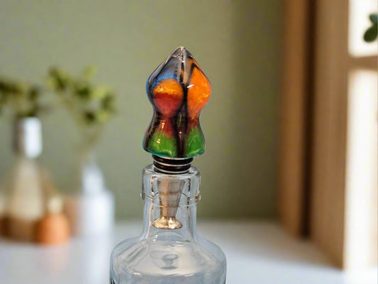 Bottle Stopper: Rainbow Colored Resin (plastic) with Star Pattern Cap and a Stand Alone Stainless Steel Bottle Stopper