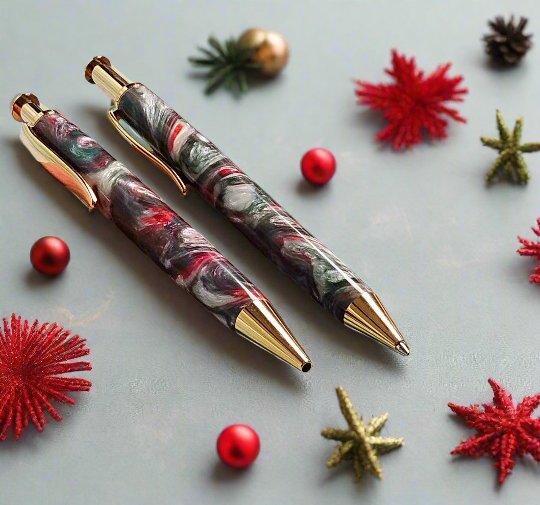 Pen: Christmas Multi-Tone Resin Clicker Pen and Pencil Set with a Gold Pen and Pencil Kit