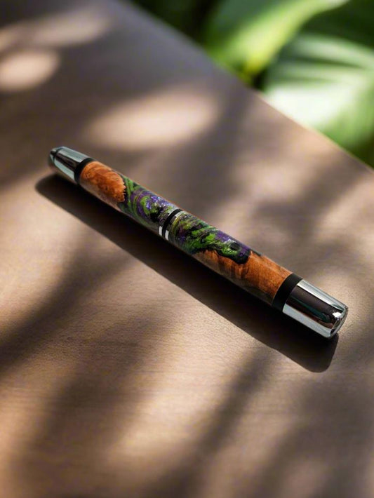 Technology: LED Hybrid Penlight Featuring Maple Burl Wood with a Chrome Kit and Black Accents