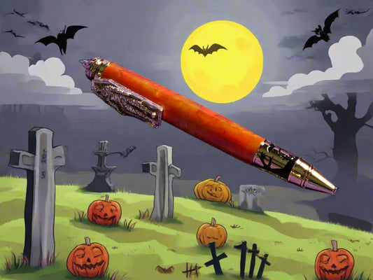 Pen: Haunted Halloween Orange and Gold Resin Swirled Together Pen with a Gold Halloween Pen Kit