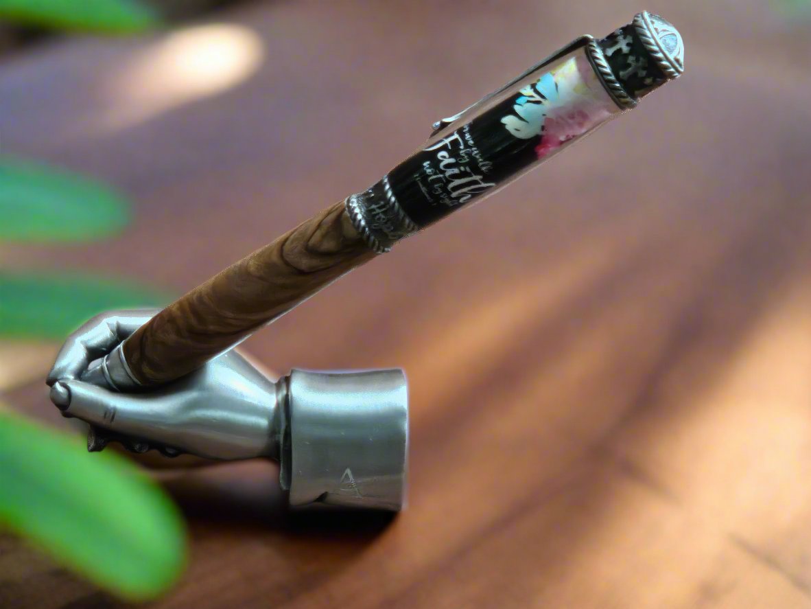 Pen: Authentic Bethlehem Olive Wood; Walk By Faith Label Cast Twist Pen with an Antique Pewter Pen Kit