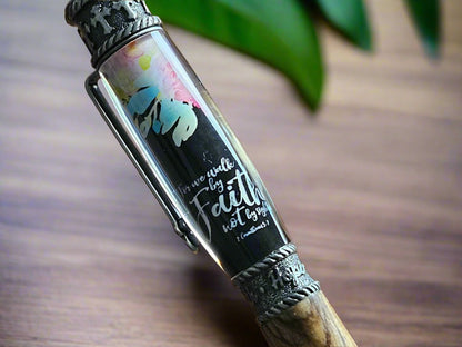 Pen: Authentic Bethlehem Olive Wood; Walk By Faith Label Cast Twist Pen with an Antique Pewter Pen Kit