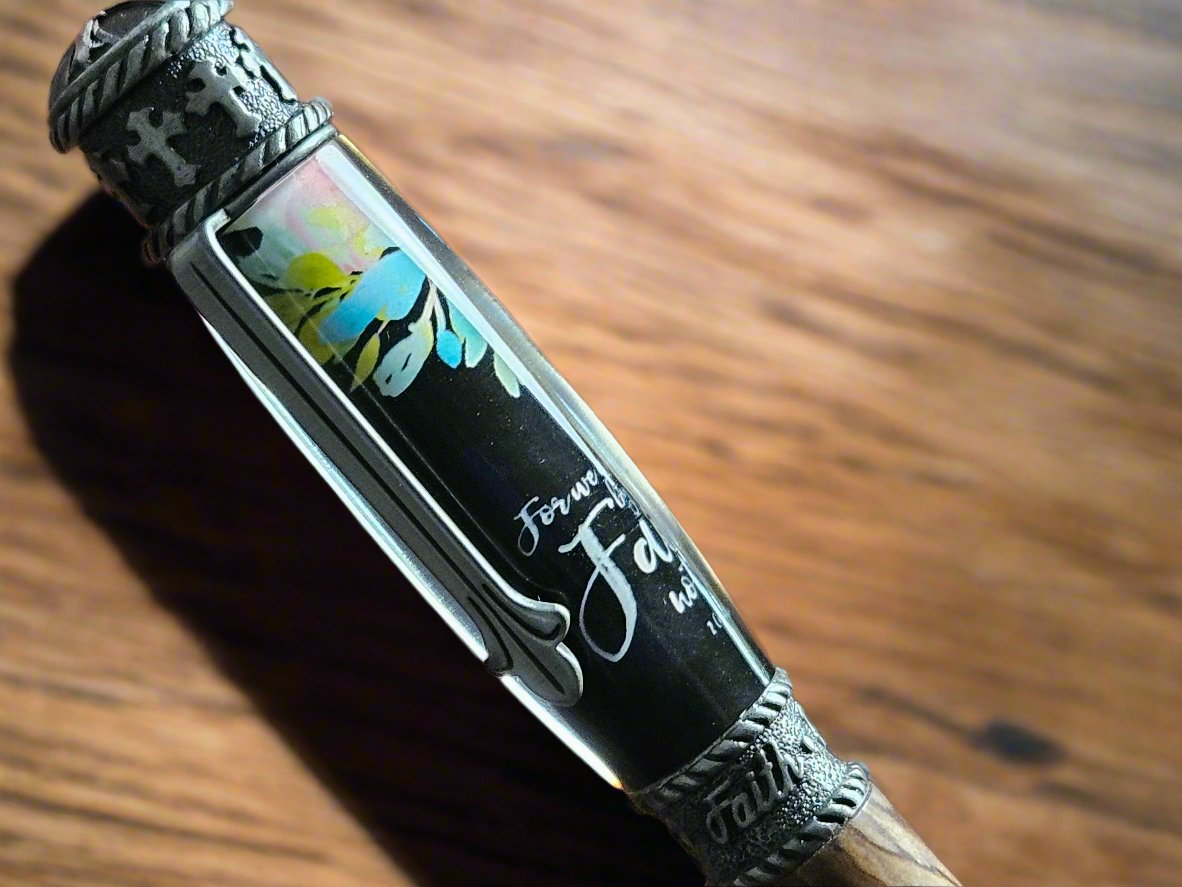 Pen: Authentic Bethlehem Olive Wood; Walk By Faith Label Cast Twist Pen with an Antique Pewter Pen Kit