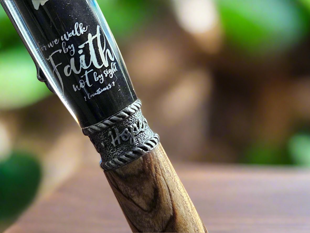 Pen: Authentic Bethlehem Olive Wood; Walk By Faith Label Cast Twist Pen with an Antique Pewter Pen Kit