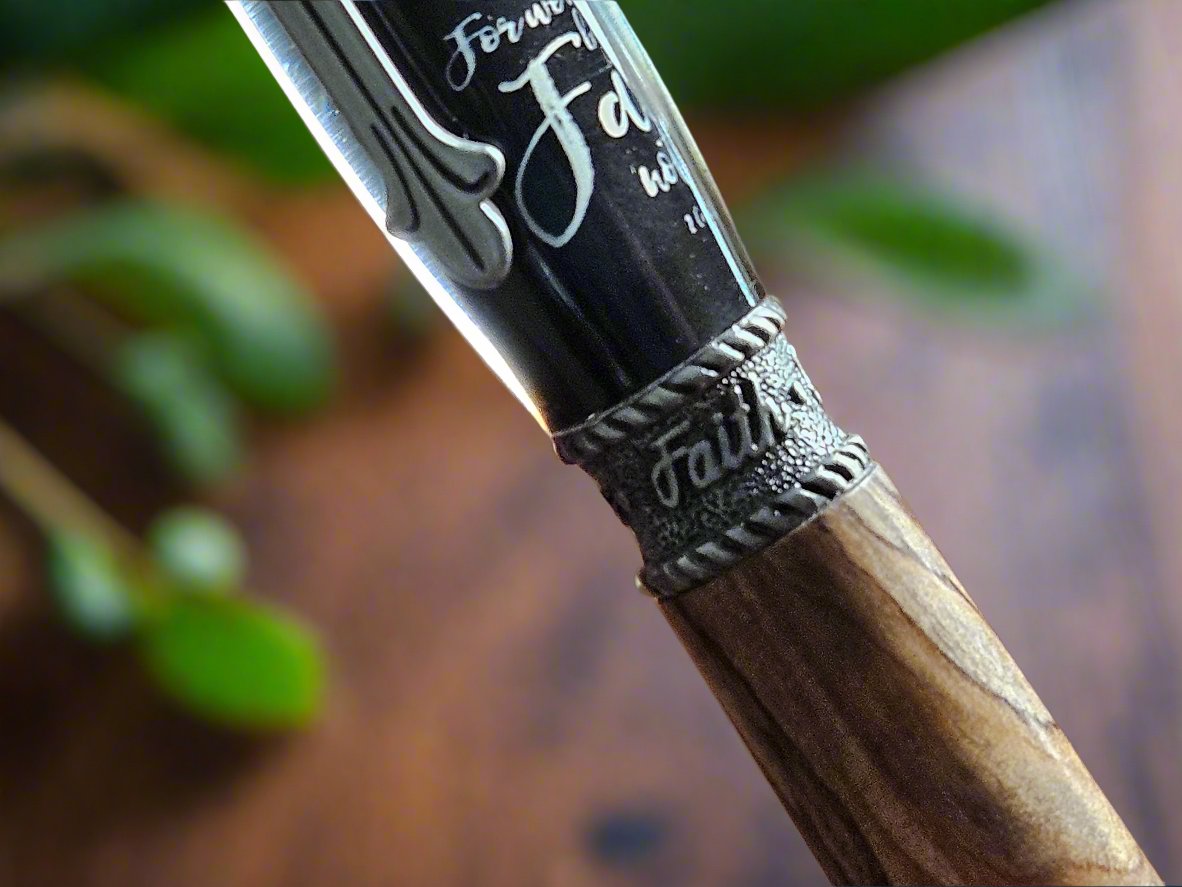 Pen: Authentic Bethlehem Olive Wood; Walk By Faith Label Cast Twist Pen with an Antique Pewter Pen Kit