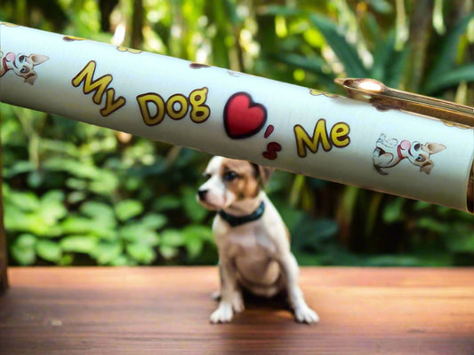 Pen: My Dog Loves Me Pen with a Gold Click Top Featuring a Dog Bone, a Dog Food Bowl, and Doggie Paw Prints