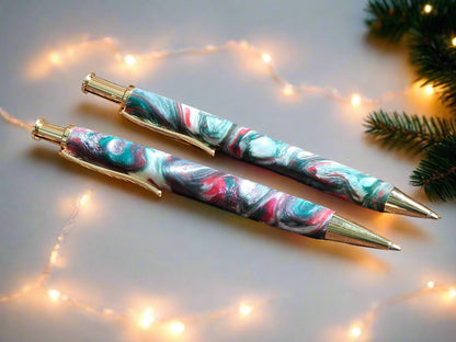 Pen: Christmas Multi-Tone Resin Clicker Pen and Pencil Set with a Gold Pen and Pencil Kit