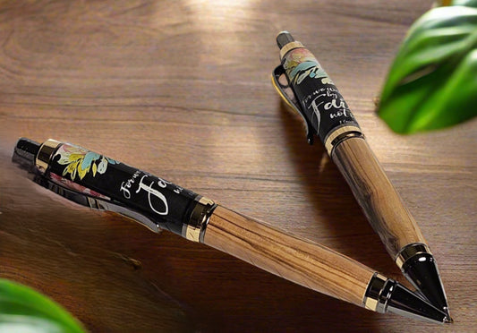 Pen: Authentic Bethlehem Olive Wood; Walk By Faith Label Cast Click Pen and Pencil Set with a Gold and Black Titanium Pen and Pencil Kit