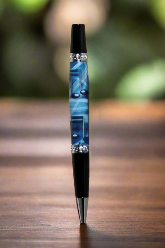 Pen: Blue Music Notes Label Cast Pen with a Black Chrome Pen Kit