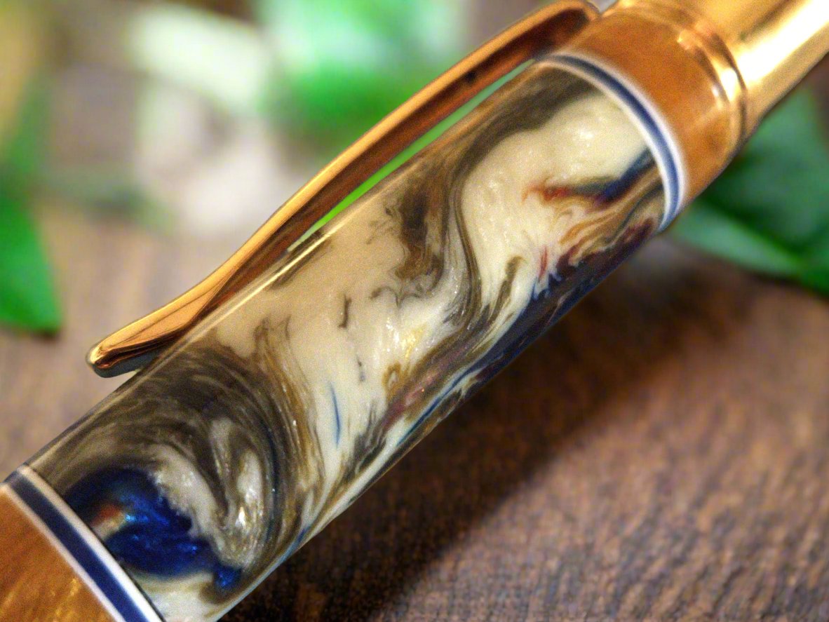 Pen: Golden Segmented Multi Color Glittery Swirl Resin Pen with a Golden Pen Kit