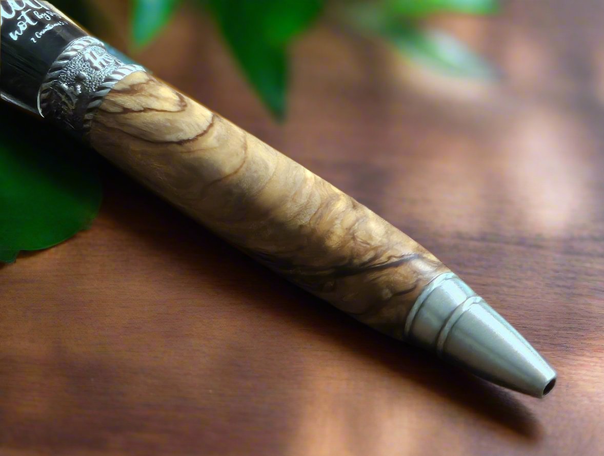 Pen: Authentic Bethlehem Olive Wood; Walk By Faith Label Cast Twist Pen with an Antique Pewter Pen Kit