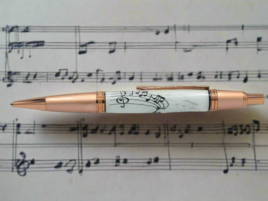 Pen: Black Music Notes Label Cast Click Pen with a White Background and a Copper Pen Kit