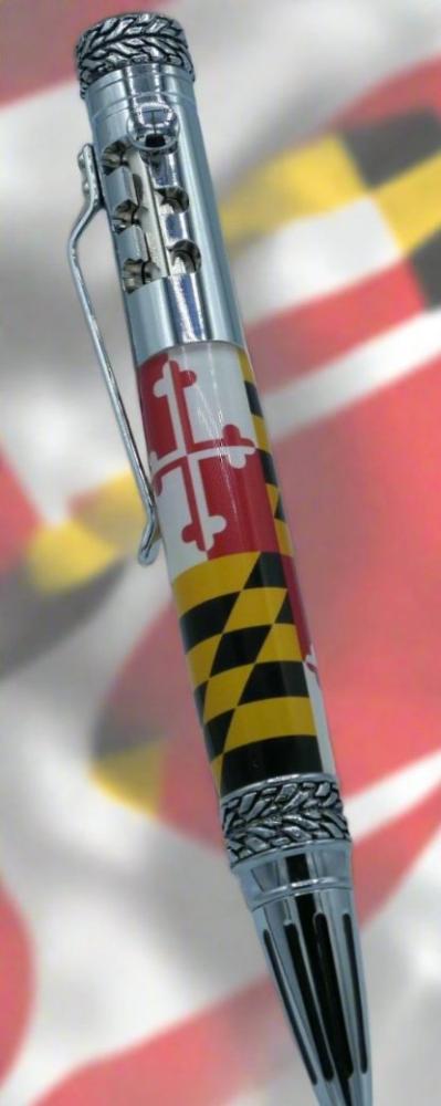 Pen: Maryland Flag Label Cast Bolt Action Gear Shift Pen with a Chrome Pen Kit