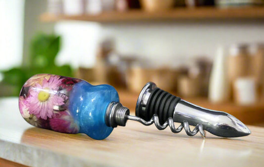 Botanical Bottle Stopper: Sky Blue Resin Cap with Dried Flowers Stainless Steel Cork Screw Food-Safe Wine Seal