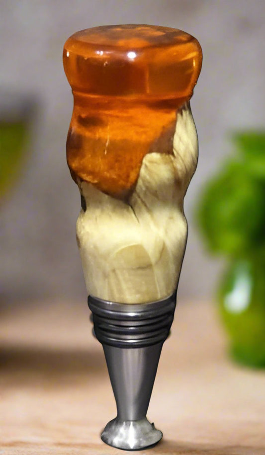 Bottle Stopper: Wooden Maple and Transparent Orange Resin (plastic) Cap with a Stainless Steel Food-Safe Stand Alone Bottle Stopper