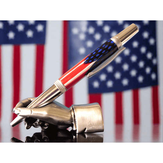 Pen: American Flag Hand Placed Feathers Dyed Blue and Red with a Chrome Pen Kit